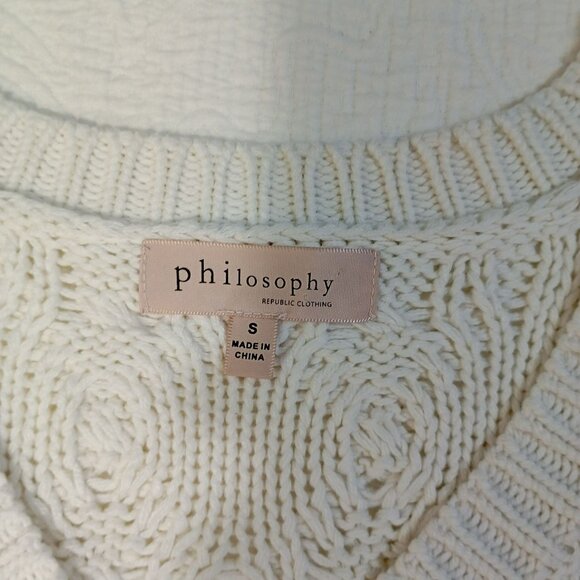 Philosophy Sweater Size S White Cable Knit V-Neck 61% Cotton Blend Womens - Picture 2 of 10